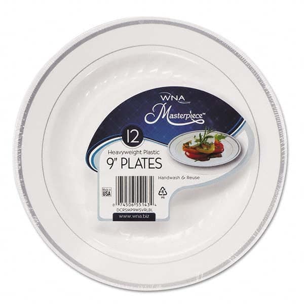 WNA - Masterpiece Plastic Plates, 9 in, White w/Silver Accents, Round, 120/Carton - Best Tool & Supply