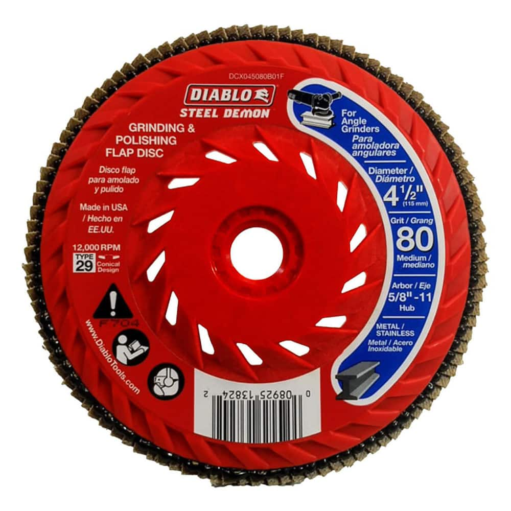 Flap Discs; Flap Disc Type: Type 29; Disc Diameter (Decimal Inch): 4-1/2; Center Hole Size: 5/8-11; Grade: Medium; Grit: 80; Maximum Rpm: 12000.000; Disc Color: Red