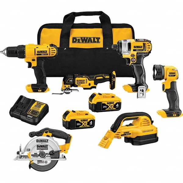 DeWALT - Cordless Tool Combination Kits Voltage: 20 Tools: 1/2" Drill/Driver; 1/4" Impact Driver; Wet-Dry Vacuum; Work Light; 6-1/2" Circular Saw; Oscillating Multi-Tool - Best Tool & Supply