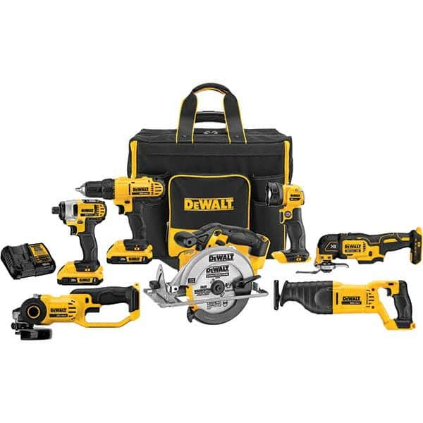 DeWALT - Cordless Tool Combination Kits Voltage: 20 Tools: 1/2" Drill/Driver; 1/4" Impact Driver; 6-1/2" Circular Saw; Work Light; Reciprocating Saw; Grinder; Blue Tooth Speaker - Best Tool & Supply