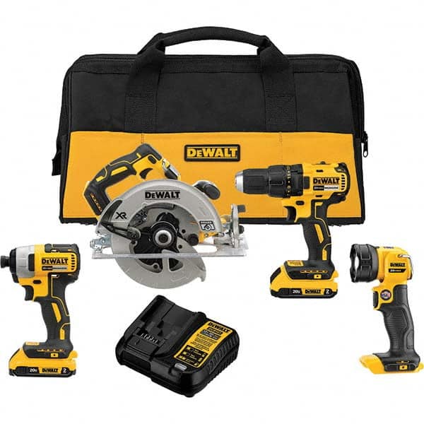 DeWALT - Cordless Tool Combination Kits Voltage: 20 Tools: Brushless 1/2" Cordless Drill/Driver; Brushless 1/4" Cordless Impact Driver; Brushless XR 7-1/4 Circular Saw; Cordless LED Work Light - Best Tool & Supply