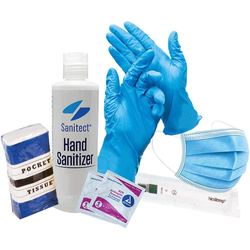 No Brand - Emergency Preparedness Kits Type: Back-to-Work Safety Kit Contents: (5) Ear Loop Masks; (5) Pair of Nitrile Gloves Size Large; Disposable Thermometer; Tissue Packet; 3.4oz Hand Sanitizer; (6) Antiseptic Towelettes - Best Tool & Supply