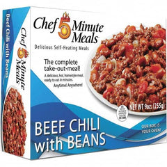 Chef Minute Meals - Emergency Preparedness Supplies Type: Ready-to-Eat Beef Chili Meal Contents/Features: Heater Pad & Activator Solution; Cutlery Kit w/Utensils, Salt & Pepper Packets; 9-oz Entr e - Best Tool & Supply