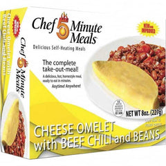 Chef Minute Meals - Emergency Preparedness Supplies Type: Ready-to-Eat Omelette and Chili Meal Contents/Features: Heater Pad & Activator Solution; Cutlery Kit w/Utensils, Salt & Pepper Packets; 9-oz Entr e - Best Tool & Supply