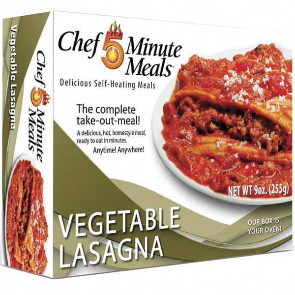 Chef Minute Meals - Emergency Preparedness Supplies Type: Ready-to-Eat Vegetable Lasagna Meal Contents/Features: Heater Pad & Activator Solution; Cutlery Kit w/Utensils, Salt & Pepper Packets; 9-oz Entr e - Best Tool & Supply