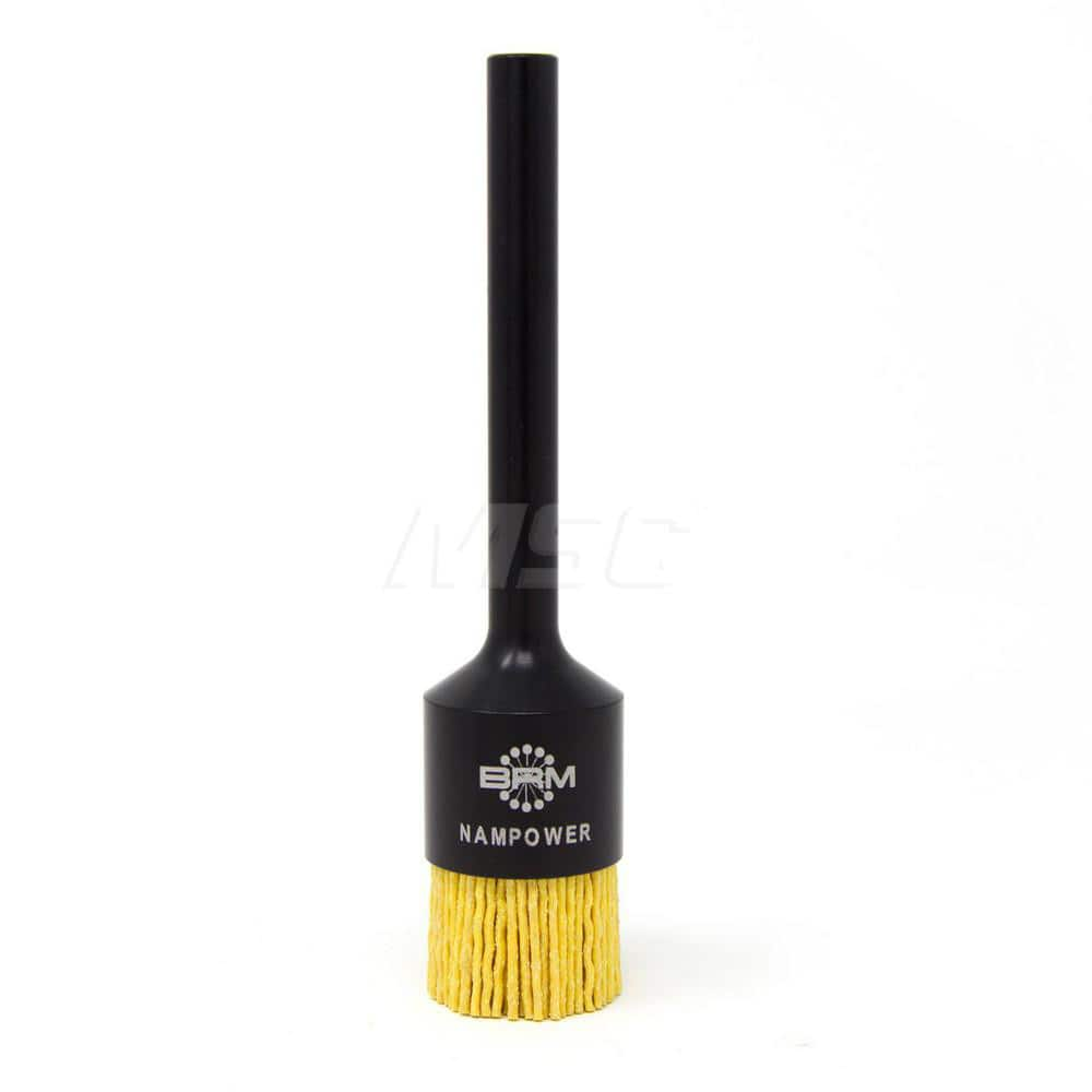 End Brushes: 25.4 mm Dia, 0.04″ Wire Dia, Ceramic & Nylon, Crimped Wire 5/8″ Trim Length, 3/8″ Shank Dia, 10,000 Max RPM