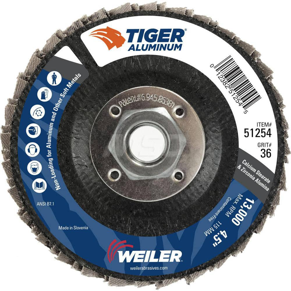 Flap Disc: 4-1/2″ Dia, 5/8-11 Hole, 36 Grit, Zirconia Alumina, Type 29 Coated, Coarse Grade, Cloth-Backed, 13,000 RPM