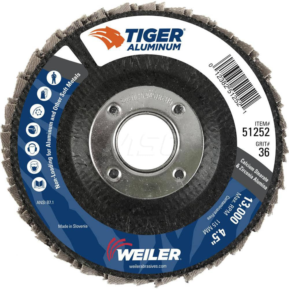 Flap Disc: 4-1/2″ Dia, 7/8″ Hole, 36 Grit, Zirconia Alumina, Type 27 Coated, Coarse Grade, Cloth-Backed, 13,000 RPM