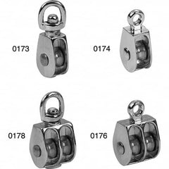 Campbell - Blocks & Pulleys; Type: Swivel Eye Pulley ; Rope Type: Fibrous ; Sheave Style: Single ; Rope Diameter (Inch): 1/4 ; Sheave Outside Diameter (Inch): 3/4 ; Load Capacity (Lb.): 25 - Exact Industrial Supply