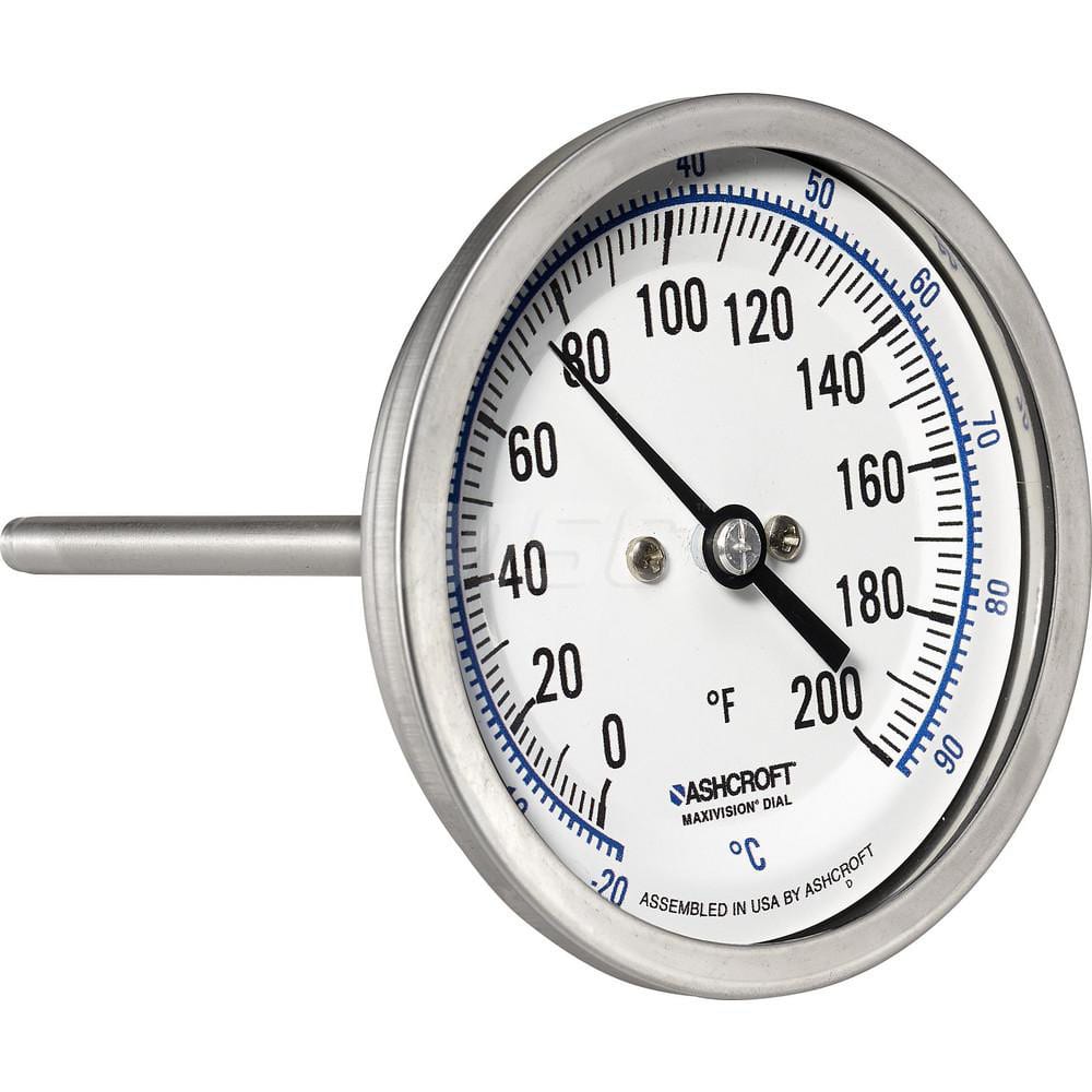 Bimetal & Dial Thermometers; Type: Bi-Metal Thermometer; Mount: Back Connected; Stem Length (Inch): 4; Dial Diameter: 3; Minimum Temperature (F): 0.000; Minimum Temperature (C): -20.00; Maximum Temperature (F): 200.000; Maximum Temperature (C): 93.00; Mat