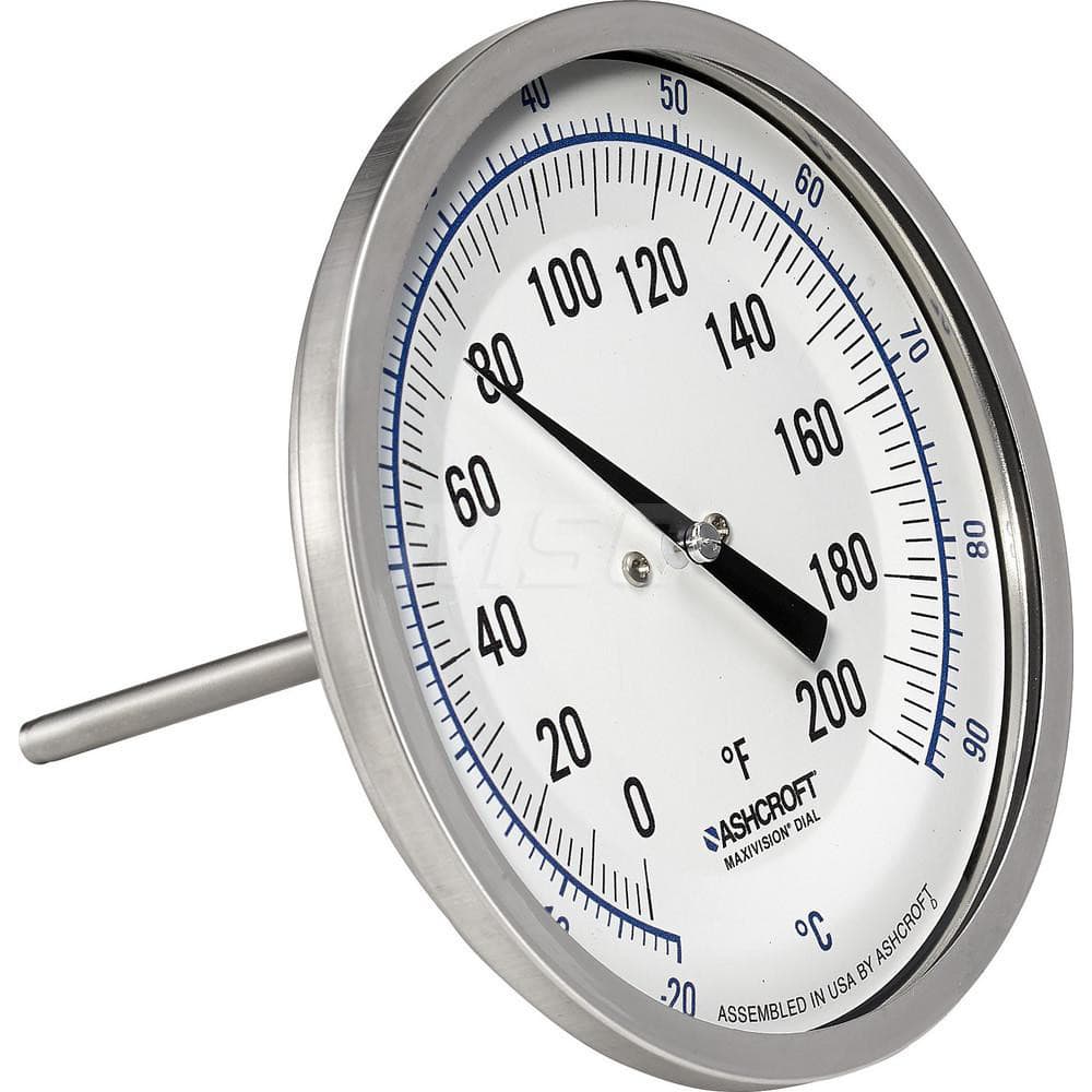 Bimetal & Dial Thermometers; Type: Bi-Metal Thermometer; Mount: Back Connected; Stem Length (Inch): 9; Dial Diameter: 5; Minimum Temperature (F): 0.000; Minimum Temperature (C): -20.00; Maximum Temperature (F): 200.000; Maximum Temperature (C): 93.00; Mat