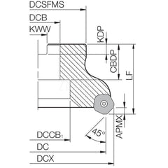 Indexable Chamfer & Angle Face Mills; Minimum Cutting Diameter (mm): 100.00; Maximum Cutting Diameter (mm): 113.00; Maximum Depth of Cut (mm): 6.00; Arbor Hole Diameter (Inch): 1-1/4; Lead Angle: 45; Compatible Insert Size Code: PNEU1205ANEL; PNMU1205ANEL