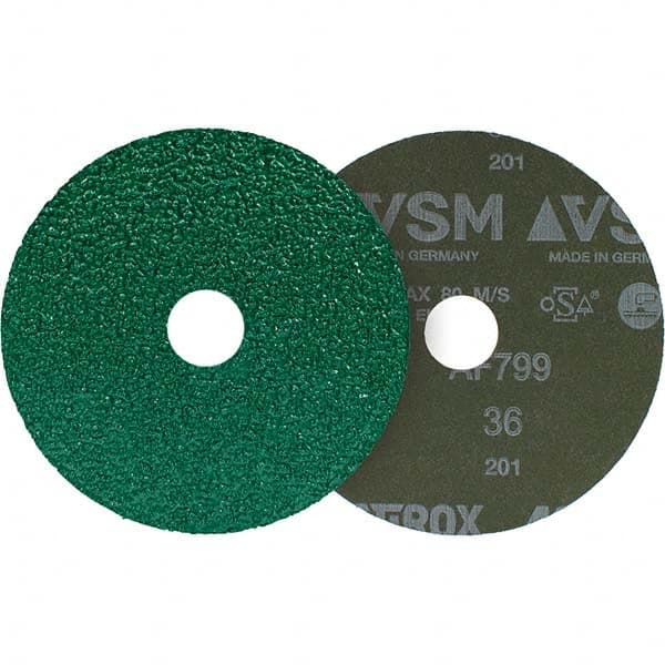 Fiber Disc: 7″ Disc Dia, 7/8″ Hole, 36 Grit, Ceramic Coarse Grade, Green, Series AF799