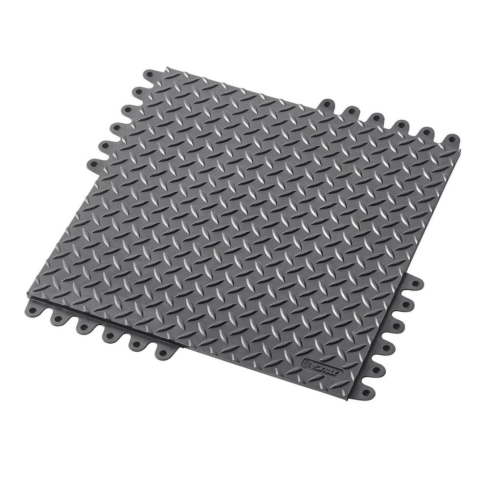 Anti-Fatigue Mat:  18.0000″ Length,  18.0000″ Wide,  3/4″ Thick,  Static Dissipative Natural Rubber,  Interlocking Edge,  Heavy Duty Diamond Plates,  Black,  Dry