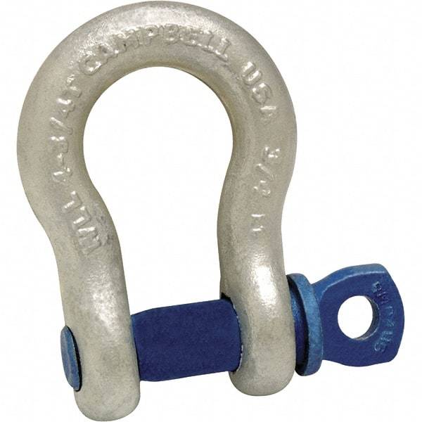 Campbell - 7/8" Nominal Chain Size, 6.5 Ton Carbon Steel Screw Anchor Shackle - 1" Pin Diam, 1-7/16" Wide Inside Jaw, 2-1/16" Inside Width, 2" Max Body Thickness - Best Tool & Supply