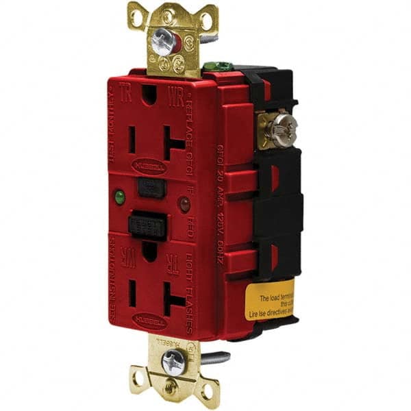 GFCI Receptacles; Grade: Industrial; Color: Red; NEMA Configuration: 5-20R; Amperage: 20; Reset Type: Manual; Voltage: 125 VAC; Wiring Method: Side; Back; Flange Style: No Flange; Resistance Features: Weather Resistant; Tamper Resistant; Number of Phases: