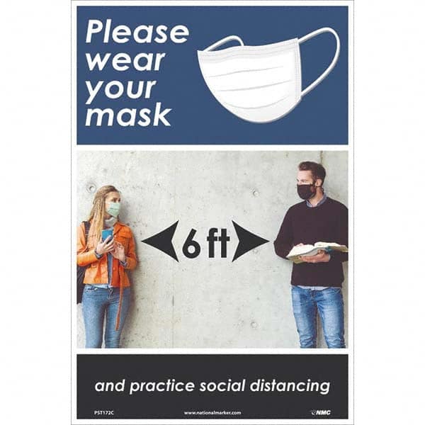 Sign: Rectangle, ″Please Wear Your Mask and Practice Social Distancing″ Vinyl, Wall Mount, 18″ High