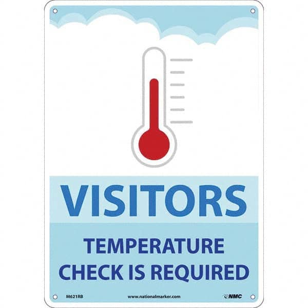 Sign: Rectangle, ″Visitors Temperature Check is Required″ Plastic, Wall Mount, 14″ High