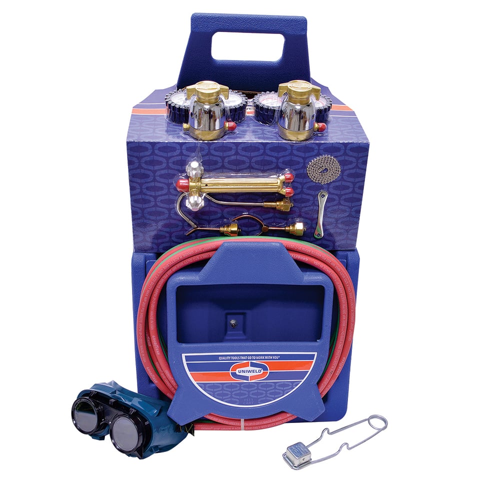 Made in USA - Oxygen/Acetylene Torch Kits; Type: Welding & Brazing Kit ; Welding Capacity: 1/4 (Inch); Maximum Heating Capacity: 5600?F ; Contents: Welding Handle 71; Oxygen Regulator RO100; Fuel Gas Regulator RMC100; Welding Brazing Tip MTF-5; MTT; MTW- - Exact Industrial Supply