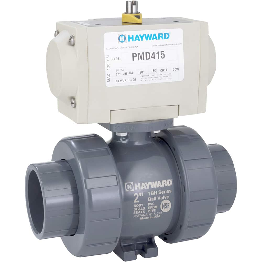 Hayward - Actuated Ball Valves; Actuator Type: Pneumatic Double Acting w/Solenoid ; Pipe Size: 2 (Inch); Material: PVC ; Seal Material: FPM ; Number of Pieces: 2.000 ; End Connections: Socket; Threaded