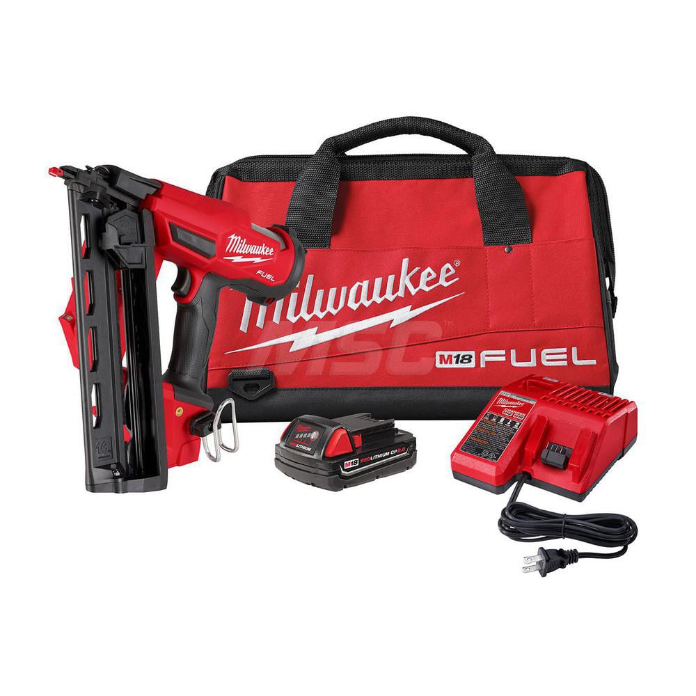 Cordless Nailers; Voltage: 18.00; Nailer Type: Finish Nailer; Nail Length: 2.5; Nail Shank Diameter: 0.064 in; Battery Series: Lithium Ion; Batteries Included: Yes; Overall Height: 12.4; Overall Length: 12.75; Overall Width: 6; Features: 110 Nail Magazine