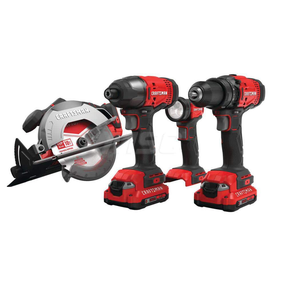 Cordless Tool Combination Kit: 20V CMCD700 Drill/Driver,  CMCF800 Impact Driver,  CMCS500 Circular Saw,  CMCL020 Task Light,  (2) CMC202 20V MAX 2.0Ah Lithium Ion Battery,  20V MAX Charger,  PH 2 Bit,  Double Sided Bit,  Circ Saw Blade