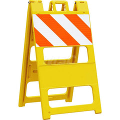 Traffic Barricades; Type: Type I; Barricade Height (Inch): 45; Material: Plastic; Barricade Width (Inch): 25; Reflective: Yes; Compliance: MASH Compliant; MUTCD; Color: Yellow; Weight (Lb.): 16.0000; Top Panel Height (Inch): 12; Top Panel Width (Inch): 24