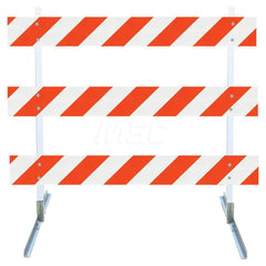 Traffic Barricades; Type: Type III; Barricade Height (Inch): 63; Material: Galvanized Steel Feet; Plastic Board; Polymer Plastic Upright; Barricade Width (Inch): 48; Reflective: Yes; Compliance: MASH Compliant; MUTCD; Weight (Lb.): 16.0000; Top Panel Heig