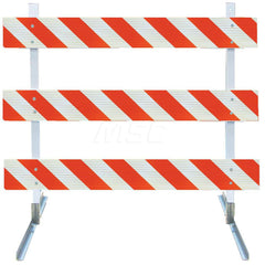 Traffic Barricades; Type: Type III; Barricade Height (Inch): 63; Material: Galvanized Steel Feet; Plastic Board; Polymer Plastic Upright; Barricade Width (Inch): 72; Reflective: Yes; Compliance: MASH Compliant; MUTCD; Weight (Lb.): 16.0000; Top Panel Heig