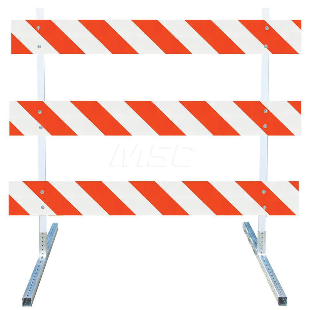 Traffic Barricades; Type: Type III; Barricade Height (Inch): 63; Material: Plastic Board; Polymer Plastic Upright; Galvanized High Carbon Steel Feet; Barricade Width (Inch): 96; Reflective: Yes; Compliance: MASH Compliant; MUTCD; Weight (Lb.): 19.0000; To