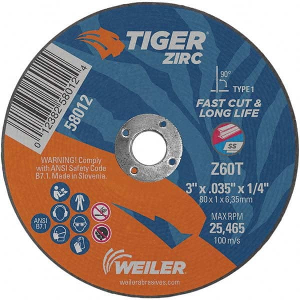 Weiler - 3 x 0.035, 1/4" Hole 60 Grit Zirconia Alumina Cutoff Wheel - Best Tool & Supply