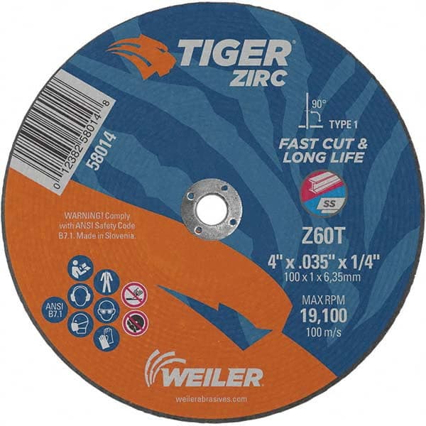 Weiler - 4 x 0.035, 1/4" Hole 60 Grit Zirconia Alumina Cutoff Wheel - Best Tool & Supply