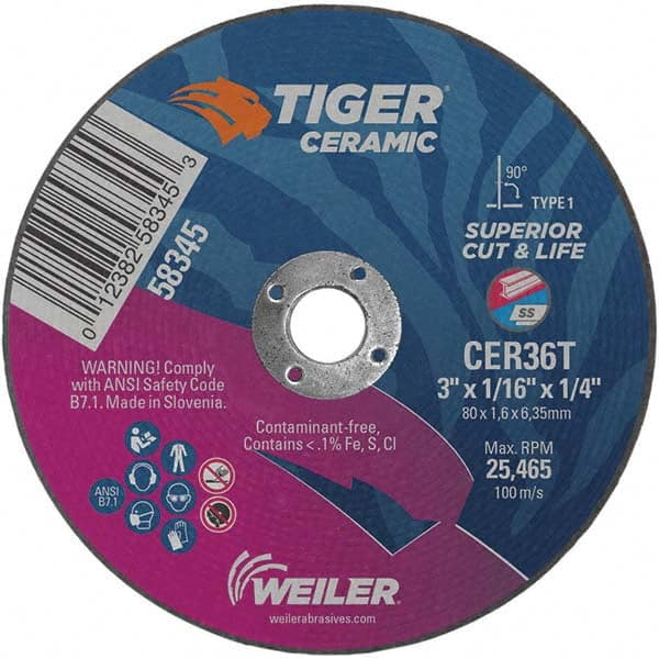 Weiler - 3 x 1/16, 1/4" Hole 36 Grit Ceramic Alumina Cutoff Wheel - Best Tool & Supply