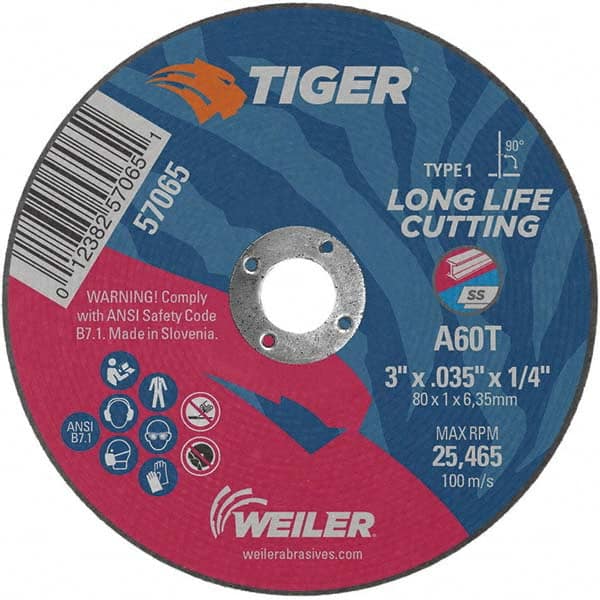 Weiler - 3 x 0.035, 1/4" Hole 60 Grit Aluminum Oxide Cutoff Wheel - Best Tool & Supply