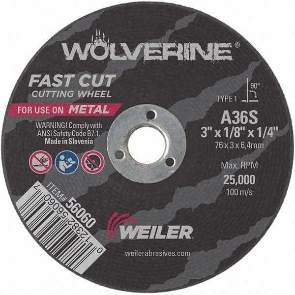 Weiler - 3 x 1/8, 3/8" Hole 36 Grit Aluminum Oxide Cutoff Wheel - Best Tool & Supply