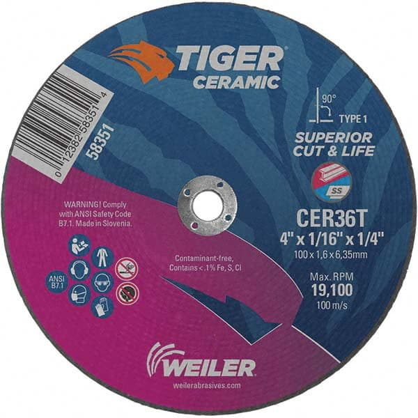 Weiler - 4 x 1/16, 1/4" Hole 36 Grit Ceramic Alumina Cutoff Wheel - Best Tool & Supply