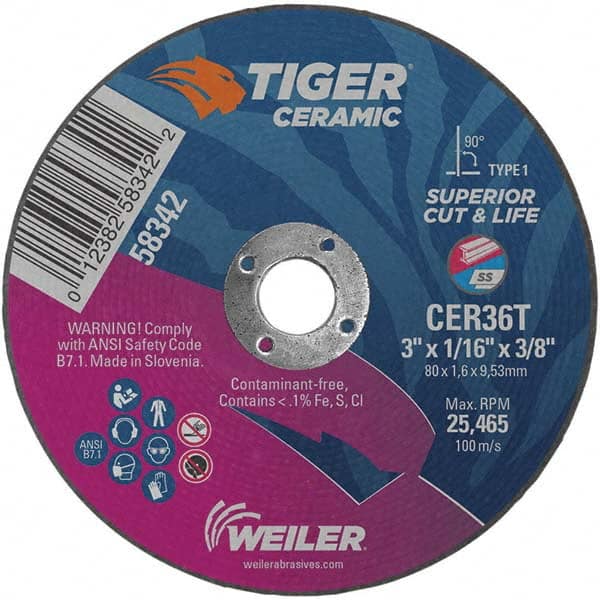 Weiler - 3 x 1/16, 3/8" Hole 36 Grit Ceramic Alumina Cutoff Wheel - Best Tool & Supply