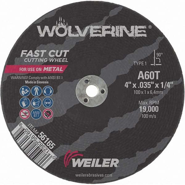 Weiler - 4 x 0.035, 1/4" Hole 60 Grit Aluminum Oxide Cutoff Wheel - Best Tool & Supply