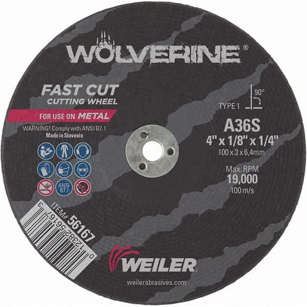 Weiler - 4 x 1/8, 1/4" Hole 36 Grit Aluminum Oxide Cutoff Wheel - Best Tool & Supply