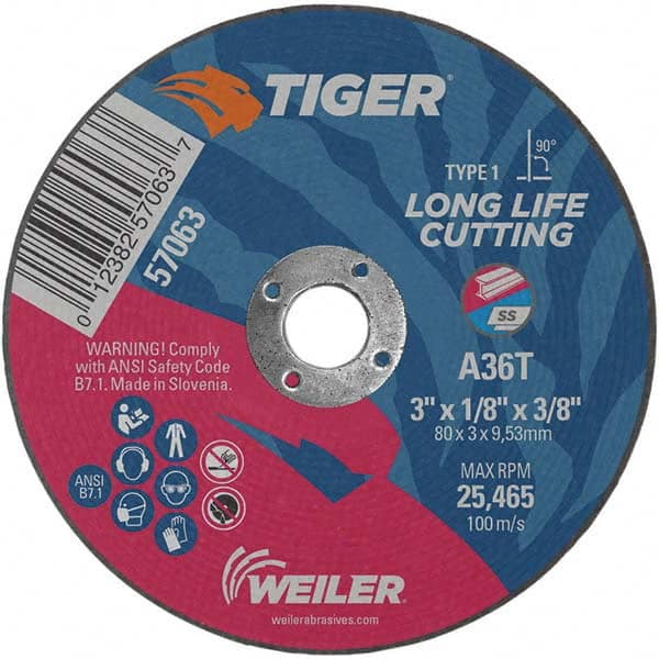 Weiler - 3 x 1/8, 3/8" Hole 36 Grit Aluminum Oxide Cutoff Wheel - Best Tool & Supply