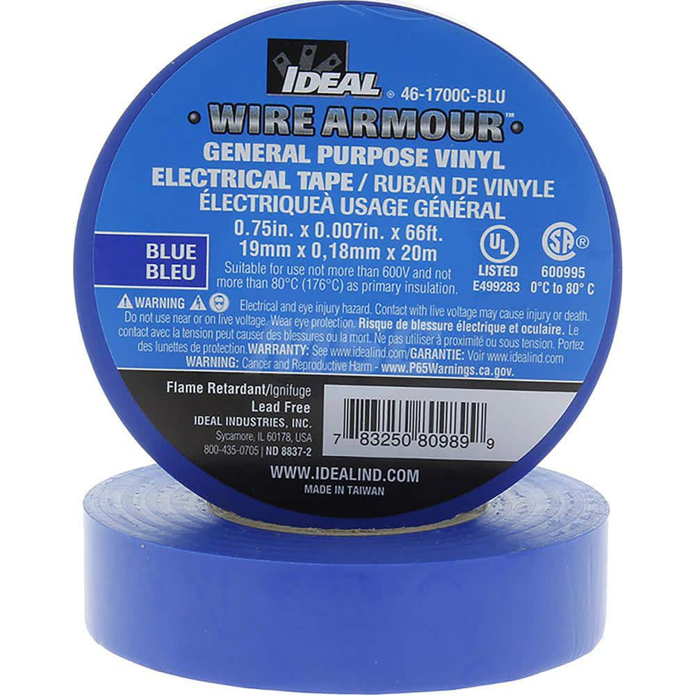 Vinyl Film Electrical Tape: 3/4″ Wide, 66' Long, 7 mil Thick, Blue 32 to 176 ° F Operating Temp, 7,000 V/mil, Series 46-1700C