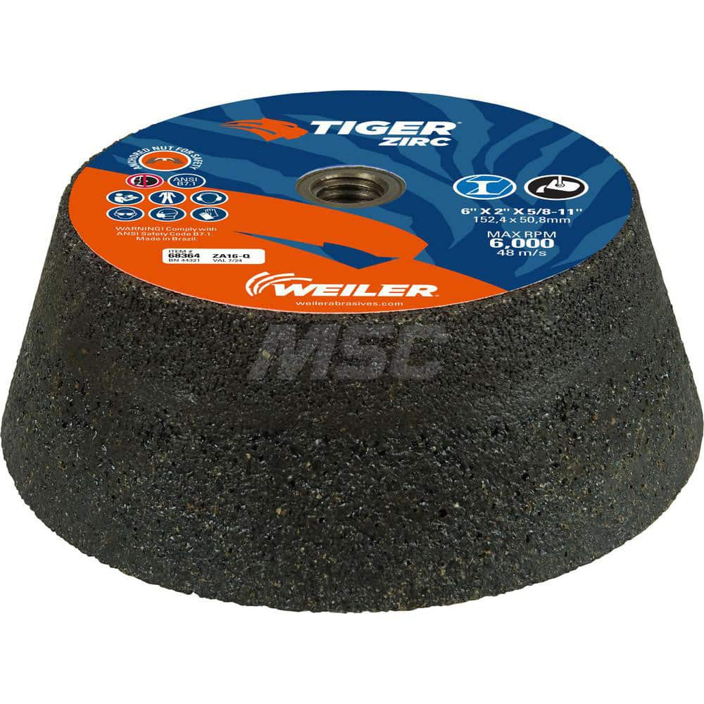 Tool & Cutting Grinding Wheel: 6″ Dia, 1-1/2″ Width, 16 Grit, Q Hardness, Type 11 Zirconia Alumina, Medium, 6,000 Max RPM