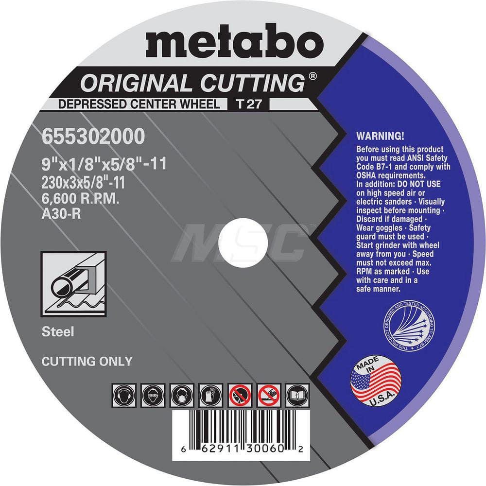 Cut-Off Wheel: Type 27, 9″ Dia, 1/8″ Thick, 5/8-11″ Hole, Aluminum Oxide 30 Grit, 6600 Max RPM