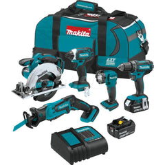 Cordless Tool Combination Kit: 18V 18V LXT 1/2″Driver-Drill (XFD10Z),  18V LXT Impact Driver (XDT11Z),  18V LXT 6-1/2″Circular Saw (XSS02Z),  18V LXT Compact Recipro Saw (XRJ01Z),  18V LXT L.E.D. Flashlight (DML815),  (2) 18V LXT Lithium-Ion 4.0Ah Battery