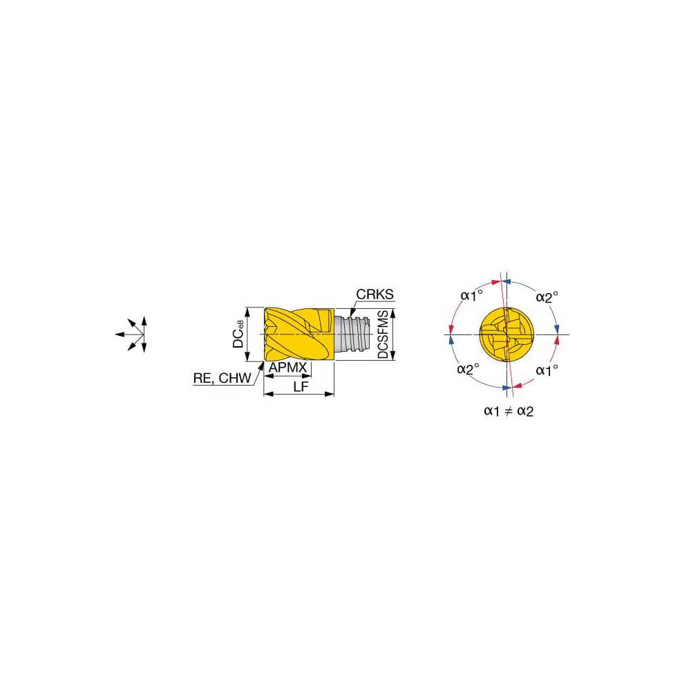 Square End Mill Heads; Mill Diameter (mm): 25.00; Mill Diameter (Decimal Inch): 0.9843; Number of Flutes: 4; Length of Cut (Decimal Inch): 0.8661; Length of Cut (mm): 22.0000; Connection Type: S15; Overall Length (mm): 37.0000; Material: Solid Carbide; Fi