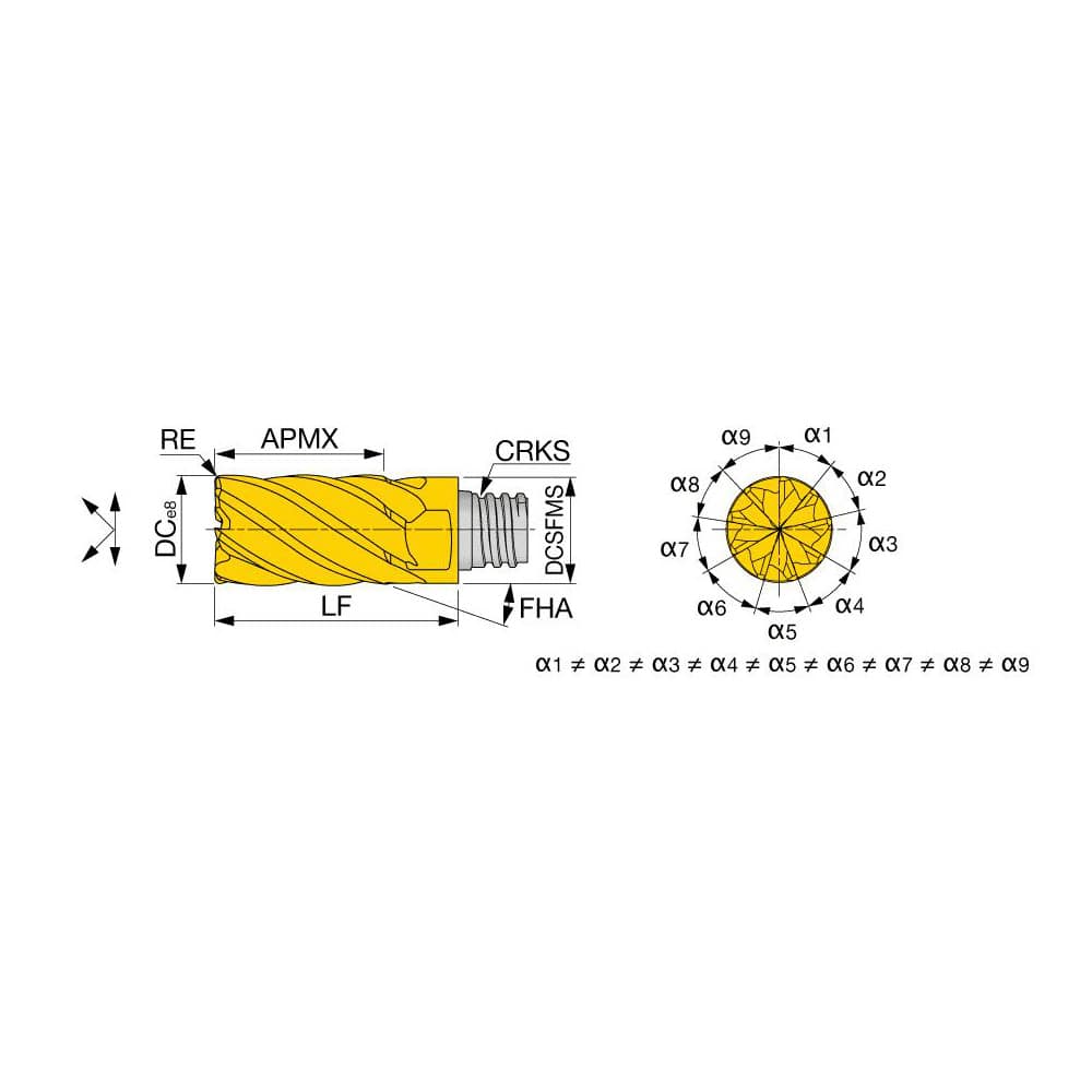 Corner Radius End Mill Head: 9 Flutes S12, TiAlN Coated, Series VED