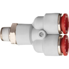 Push-To-Connect Tube Fitting: Male Wye, 1/4″ OD Polybutylene, 350 psi