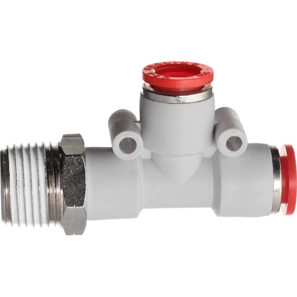 Push-To-Connect Tube Fitting: Male Run Tee, 1/4″ OD Polybutylene, 350 psi