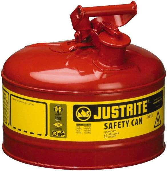 Justrite - 2.5 Gal Galvanized Steel Type I Safety Can - 11-1/2" High x 11-3/4" Diam, Red with Yellow - Best Tool & Supply