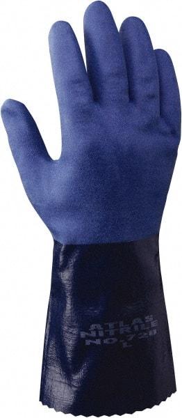 SHOWA - Size S (7), 12" Long, 15 mil Thick, Supported, Nitrile Chemical Resistant Gloves - Rough Finish, Knit Lined, Gauntlet Cuff, ANSI Abrasion Level 6, ANSI Cut Level 2, ANSI Puncture Level 3, Blue - Best Tool & Supply